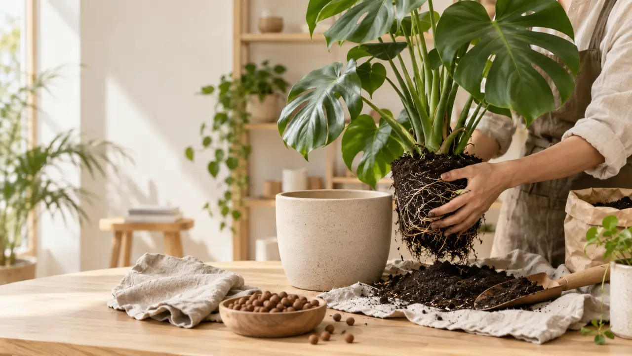 Monstera installé dans un pot en céramique artisanale, entouré de terreau et d'outils de rempotage
