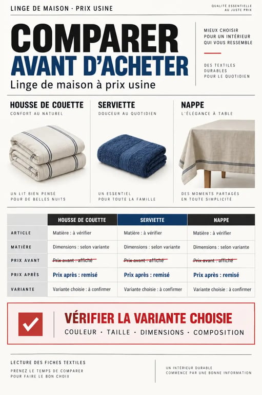 Linge de maison à prix usine : comparaison du prix initial, du prix remisé et des caractéristiques textiles