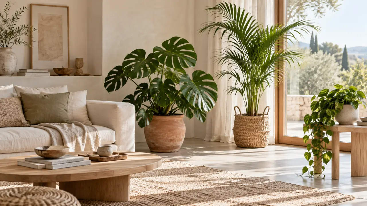 Salon lumineux décoré de trois plantes vertes dans des pots artisanaux