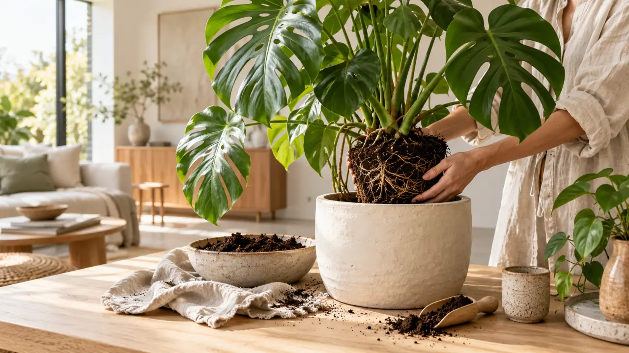 Monstera luxuriant prêt à être rempoté dans un intérieur lumineux