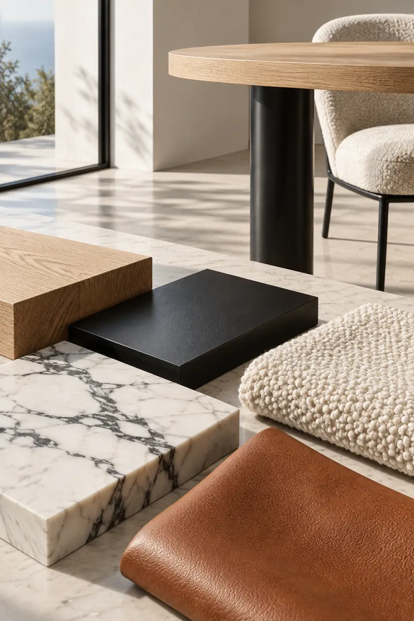 Matières de meubles design contemporain : bois, métal, marbre, tissu et cuir