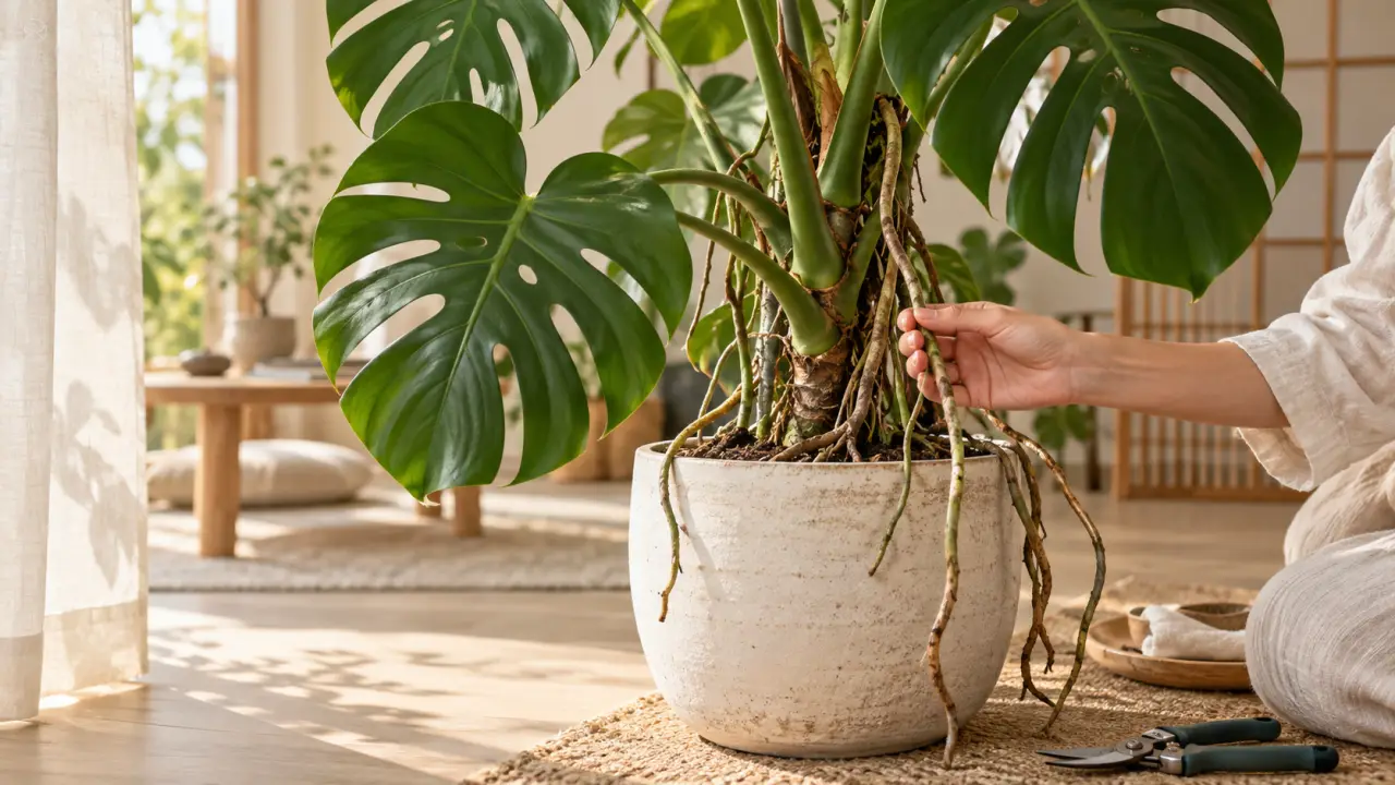 Monstera deliciosa aux grandes feuilles et aux racines aériennes