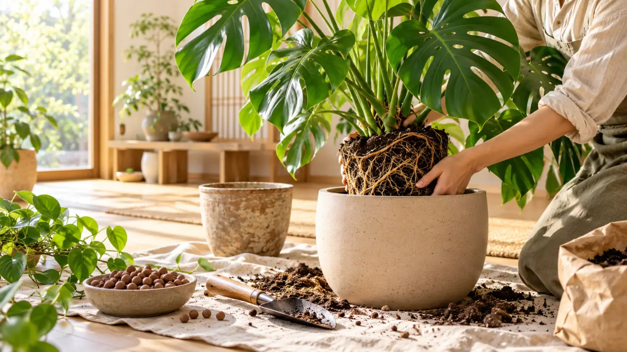 Monstera luxuriant dans un pot en céramique, prêt à être rempoté