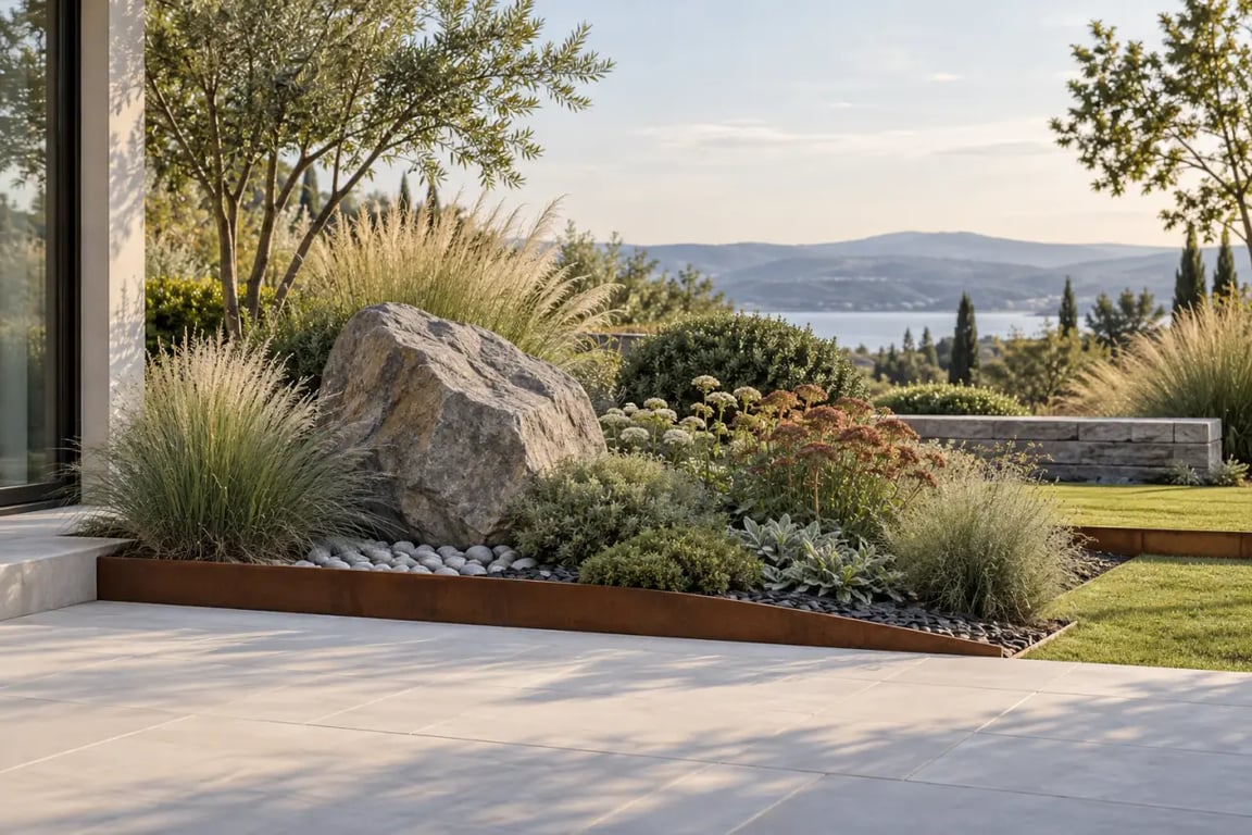 Décoration de massif extérieur avec pierre naturelle, graminées et bordure en acier corten