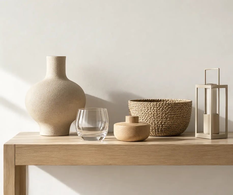 Objets déco associant céramique, verre, bois, fibres naturelles et métal