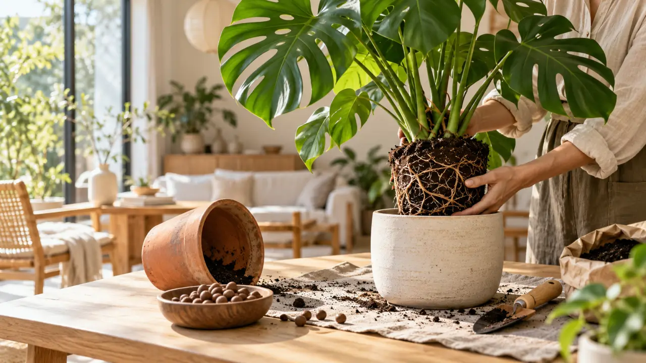 Monstera luxuriant dans un pot en céramique artisanale, près d'une fenêtre lumineuse