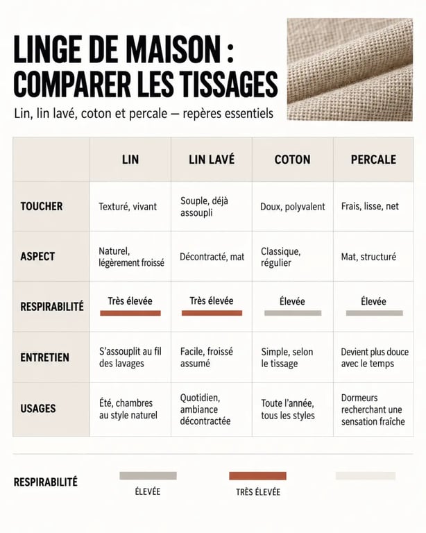 Infographie comparative sur le linge de maison lin, le lin lavé, le coton et la percale