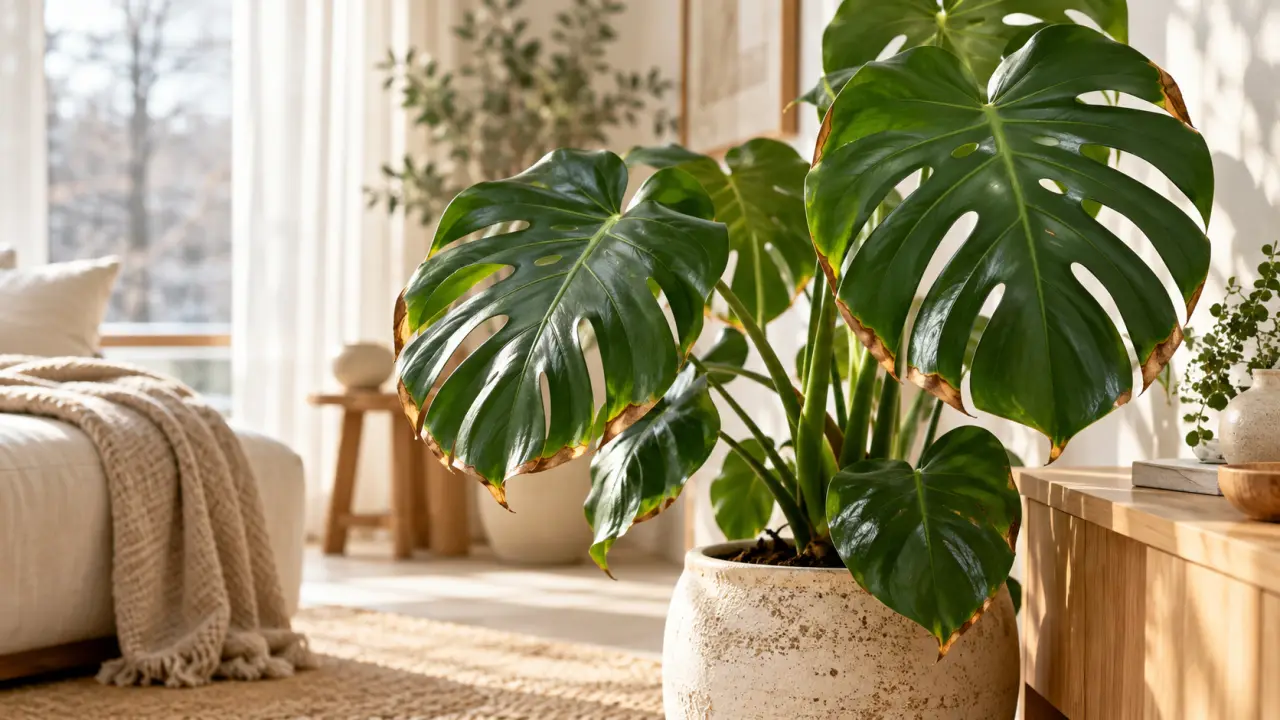 Monstera deliciosa placé près d'une fenêtre, avec quelques feuilles brunies en hiver