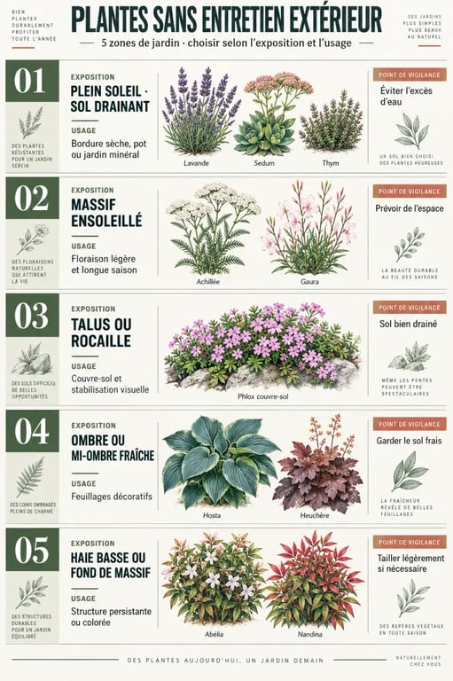 Infographie des plantes sans entretien extérieur selon l’exposition et l’usage du jardin