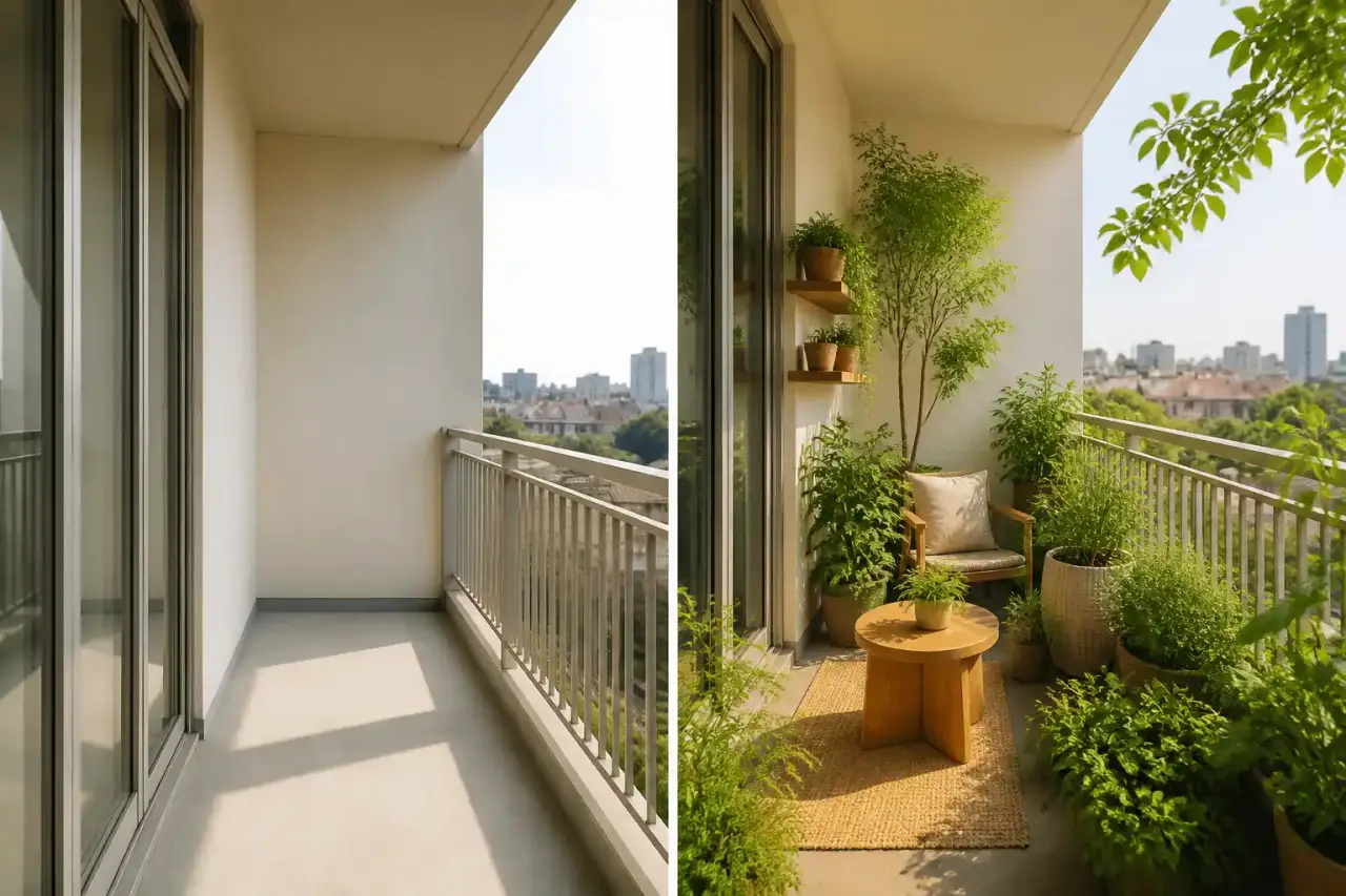 Un balcon métamorphosé avec des plantes luxuriantes, du mobilier en bois et des pots en céramique artisanale