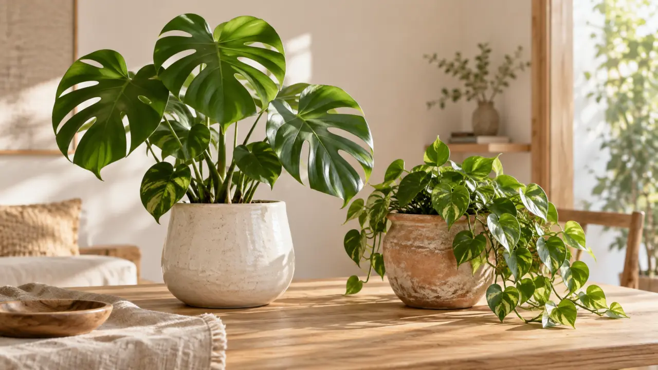 Plante d'intérieur installée dans un cache-pot en céramique et un pot en terre cuite