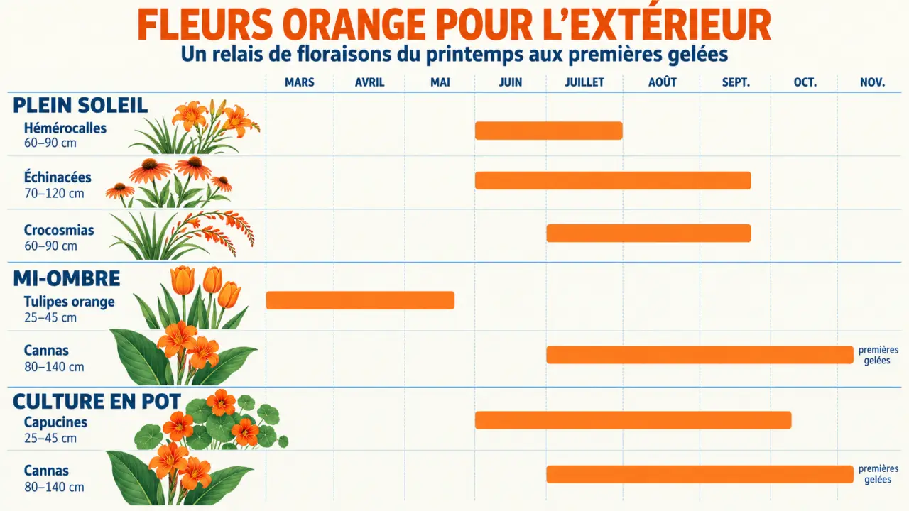 Infographie des plantes et fleurs orange pour l’extérieur selon la période de floraison