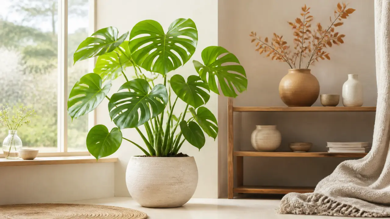 Monstera luxuriant dans un intérieur lumineux aux tons naturels