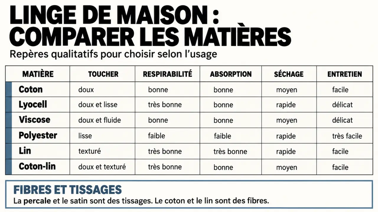 Infographie sur les matières du linge de maison IKEA et les différences entre percale et satin