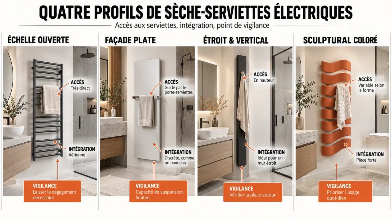 Infographie des configurations d’un sèche-serviettes électrique design dans différentes salles de bains