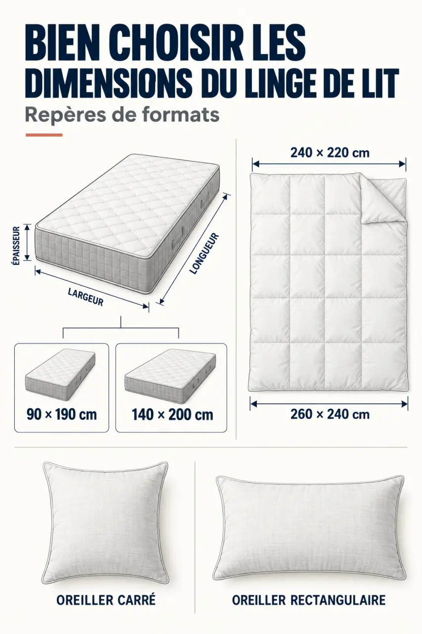 Infographie Blancheporte linge de maison : mesurer le matelas, la couette et les oreillers avant de choisir les dimensions