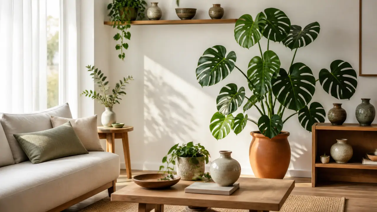 Salon lumineux décoré de monstera, céramiques artisanales et matières naturelles