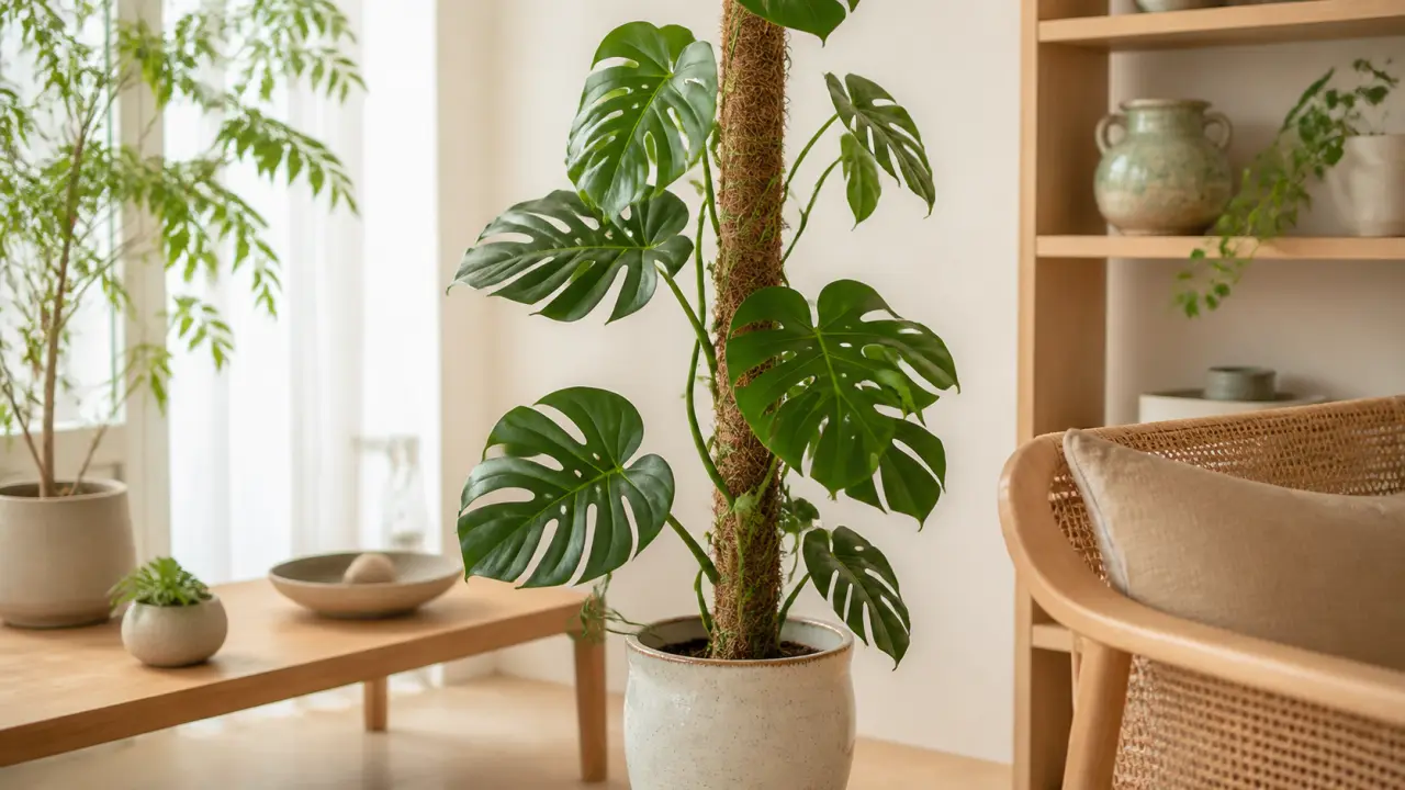 Monstera grimpant sur un tuteur dans un intérieur lumineux et naturel