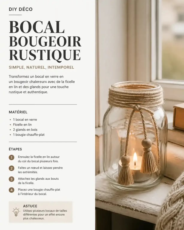 Bougeoir rustique en bocal pour une décoration d'automne fait maison.