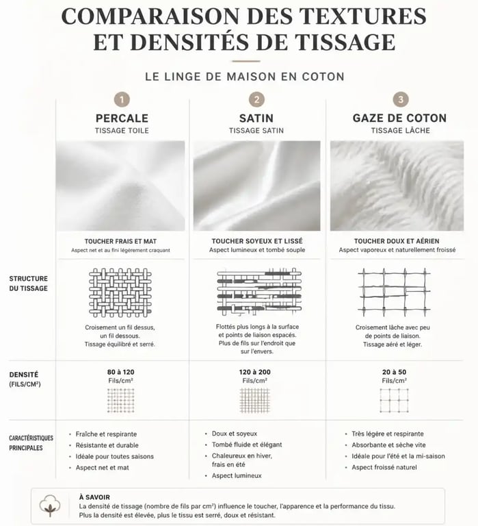 Comparatif visuel des tissages de linge de maison en coton : percale, satin et gaze