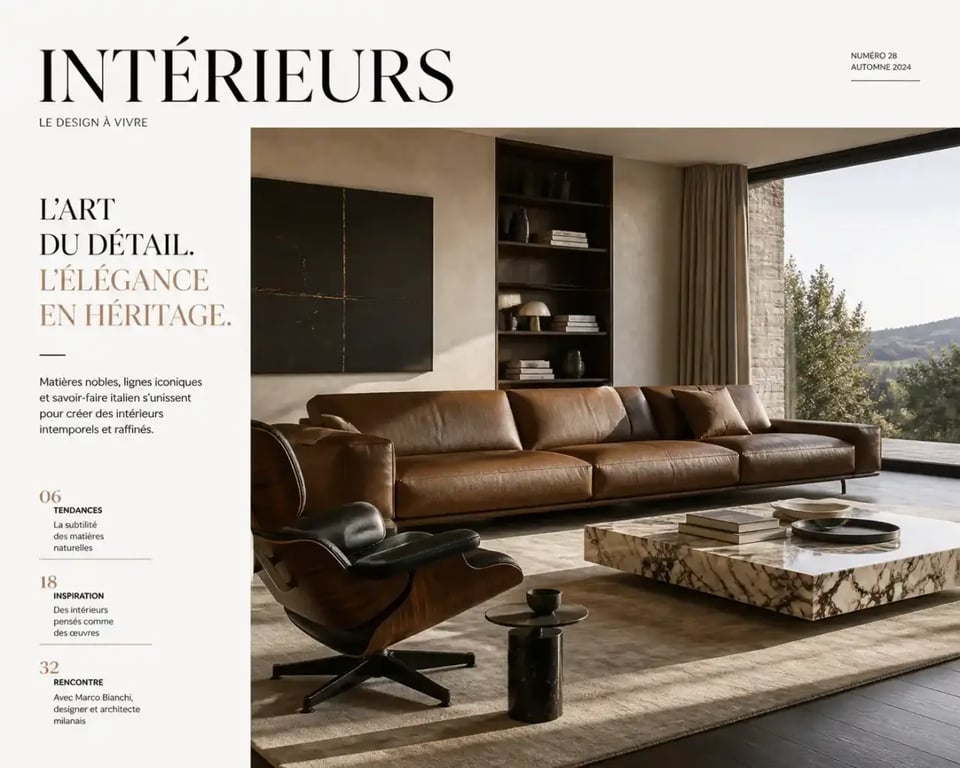 Salon avec meubles design italien luxe en cuir et marbre