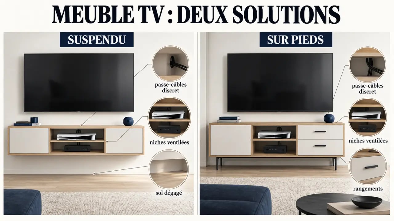 Meuble tele design suspendu ou à pieds avec rangements et gestion des câbles