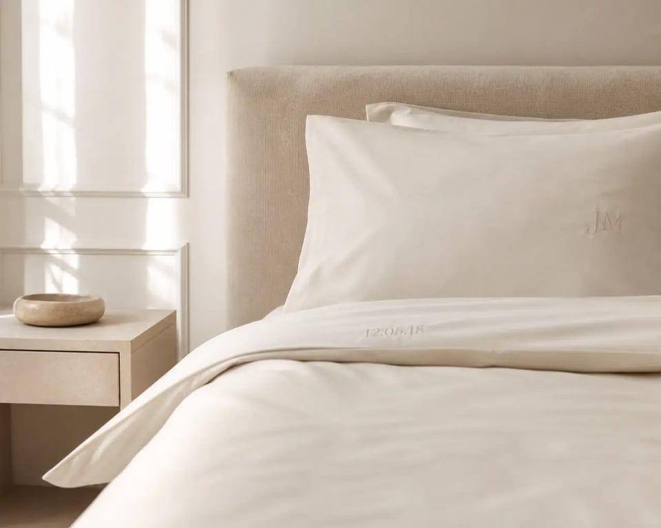 Linge de maison personnalisé brodé sur une parure de lit dans une chambre élégante