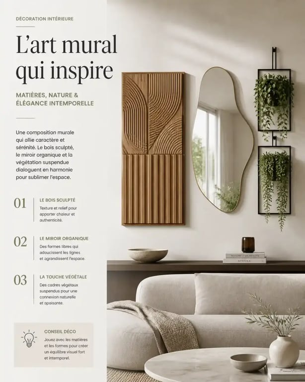Idées de décoration murale salon tendance avec relief 3D et plantes
