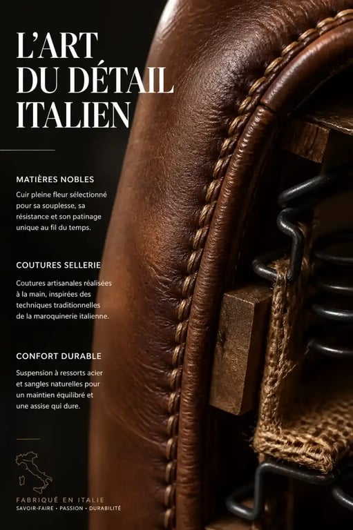 Détail du savoir-faire artisanal d'un meuble design italien luxe en cuir
