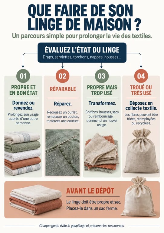 Infographie sur le recyclage du linge de maison selon l’état des textiles