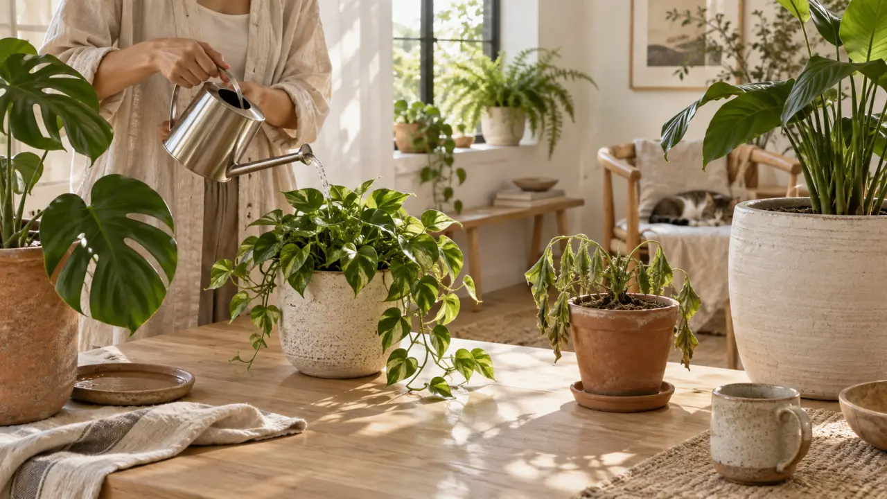 Plantes d’intérieur dans des pots en céramique, arrosées avec délicatesse dans un intérieur lumineux