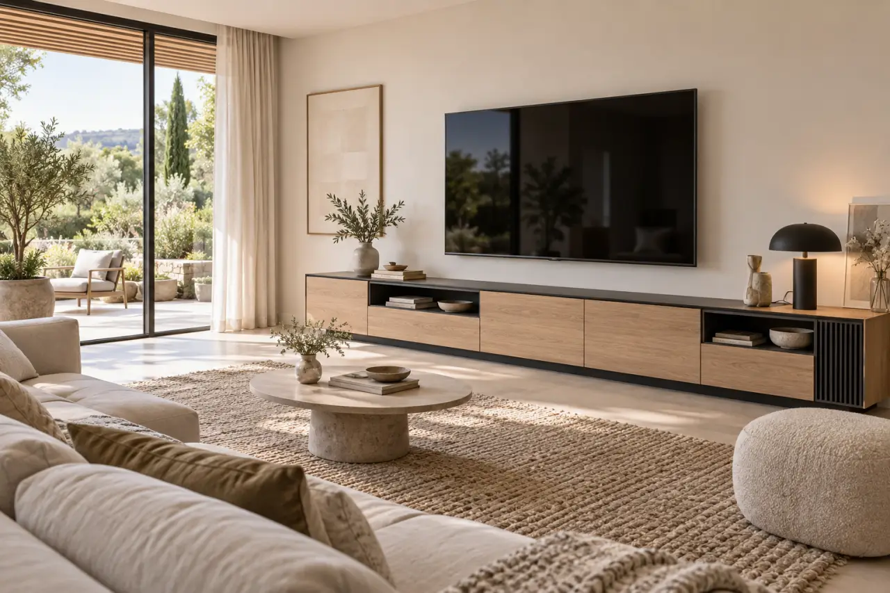 Un meuble TV design structure le salon, à condition de bien choisir ses dimensions et ses rangements