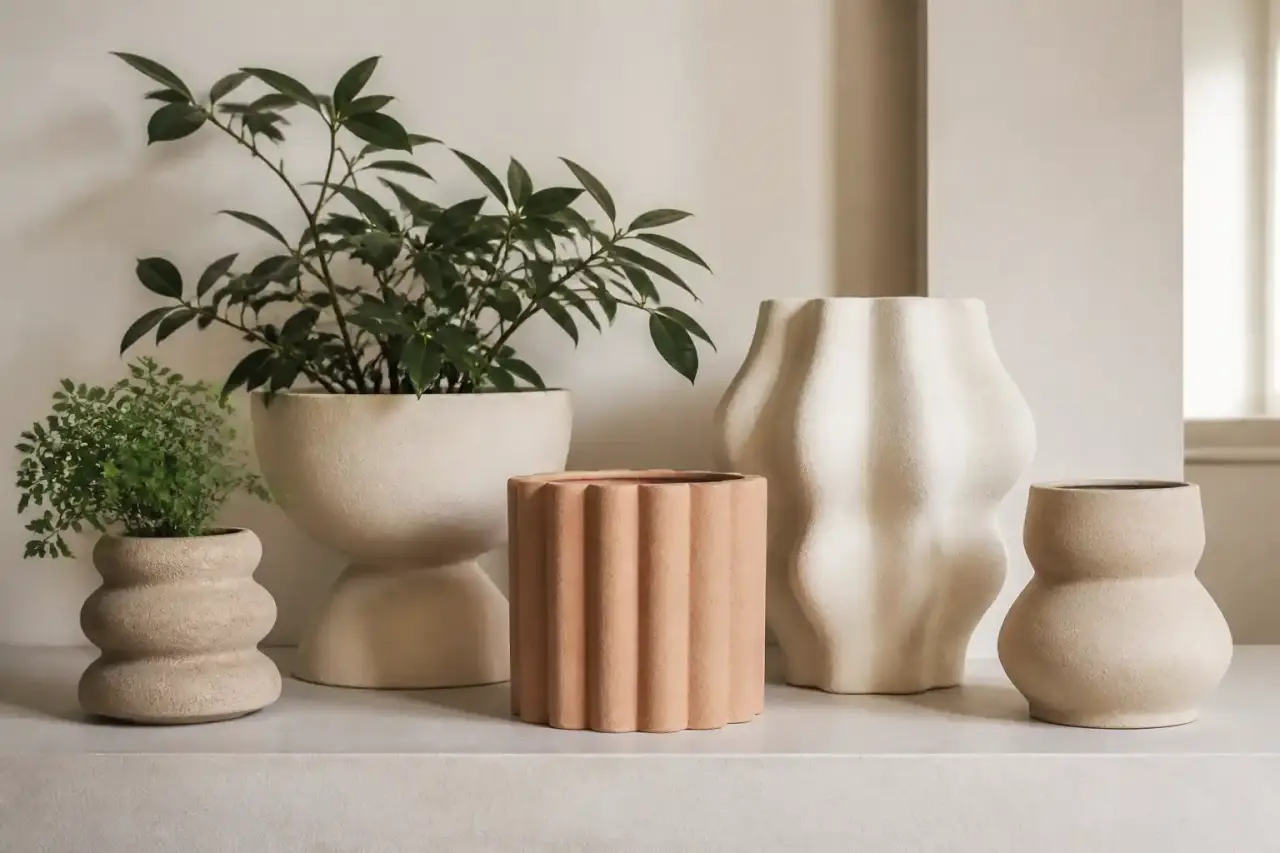 Cache-pots sculpturaux en argile brute dans un intérieur lumineux