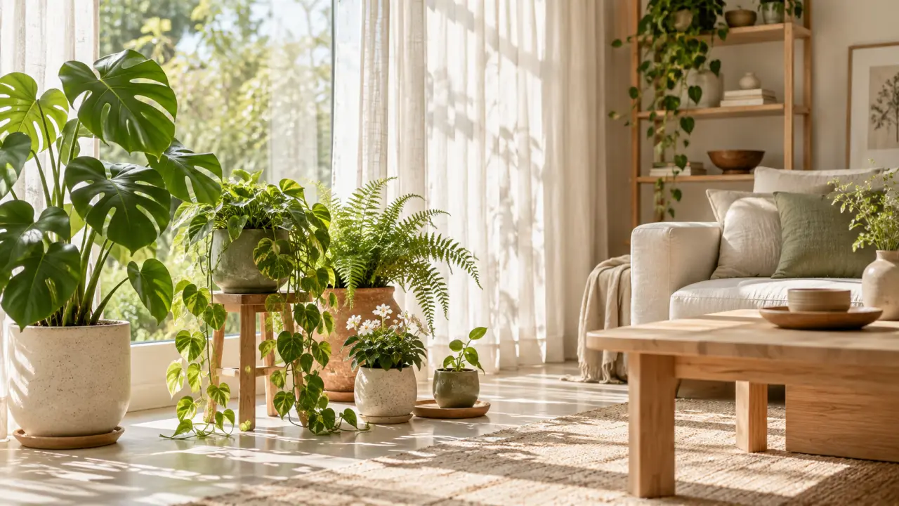 Plantes d’intérieur dans un intérieur lumineux aux matières naturelles