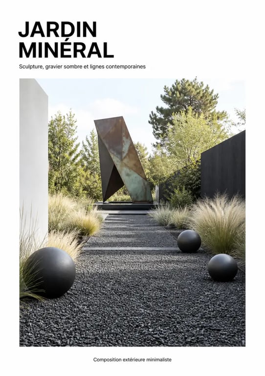 Décoration jardin extérieur contemporaine avec point focal et sculpture géométrique