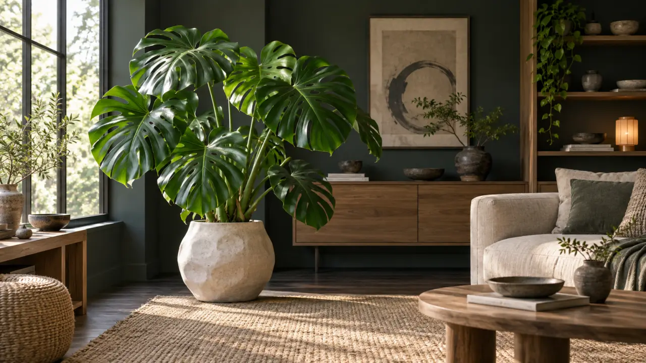 Monstera installé dans un salon peu lumineux, près d'un meuble en bois naturel