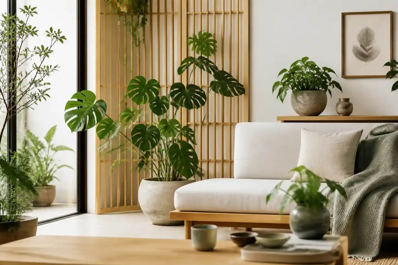 Intérieur minimaliste de style Japandi avec des plantes d'intérieur et des céramiques artisanales