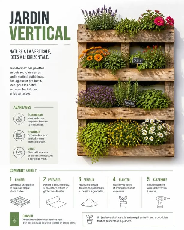 Idées déco jardin avec objets simples : mur végétal en palettes