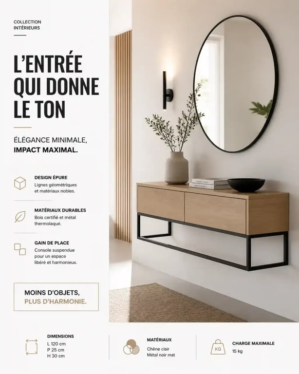 Aménagement de meubles d'entrée design avec console suspendue et décoration minimaliste