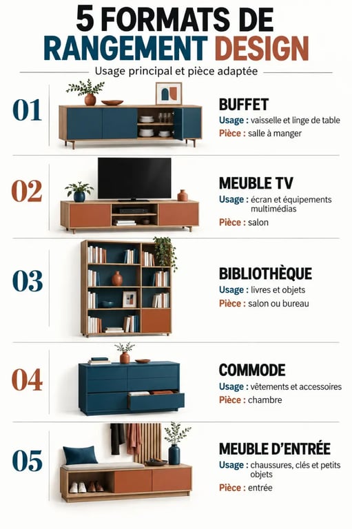 Infographie des principaux formats de meubles rangement design et de leurs usages par pièce
