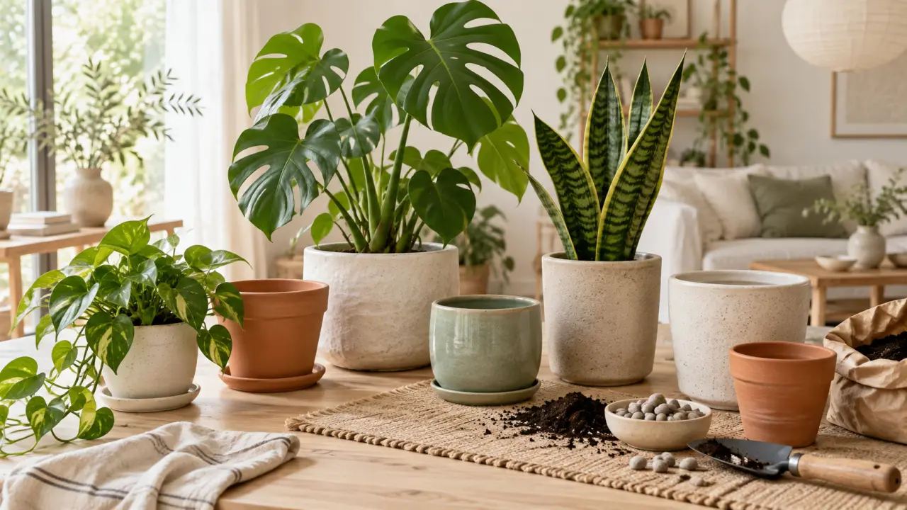 Plantes d'intérieur rempotées dans des pots en céramique et en terre cuite