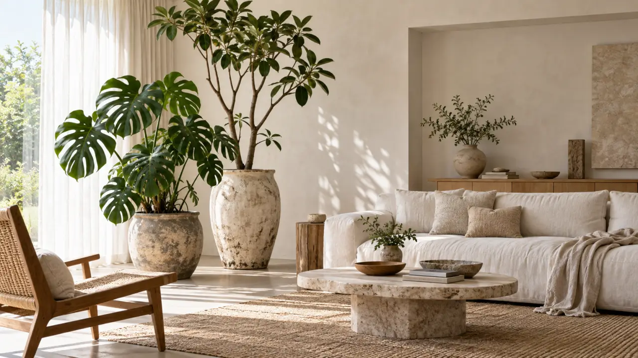 Grande plante sculpturale dans un intérieur lumineux aux matières naturelles