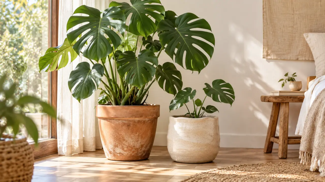 Monstera luxuriant installé dans un pot artisanal en terre cuite et céramique