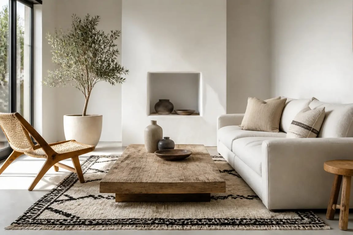 Déco berbere dans un salon contemporain avec tapis berbère et objets artisanaux