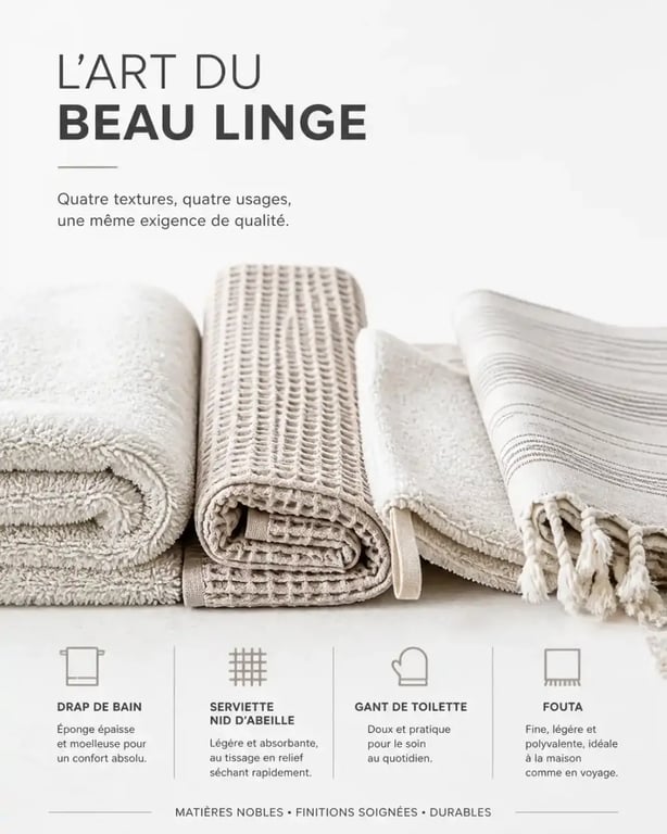 Linge de bain et linge de maison : serviette, drap de bain, gant et fouta aux différentes matières