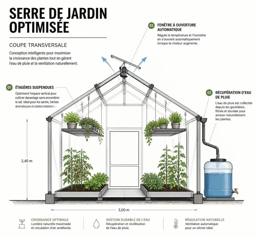 Schéma d'optimisation d'une serre de jardin avec accessoires indispensables