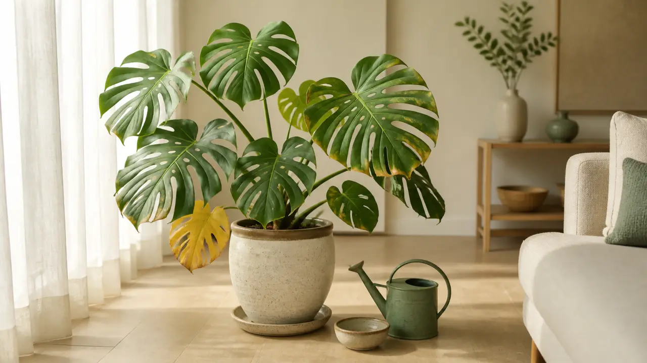 Monstera aux feuilles légèrement jaunes dans un intérieur lumineux et apaisant