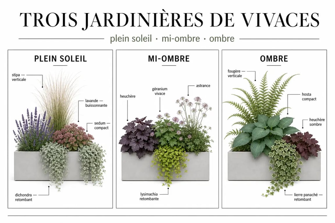 Idée composition jardinière extérieure vivaces en trois ambiances : plein soleil, mi-ombre et ombre