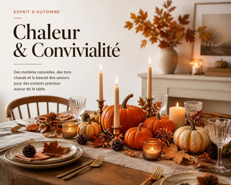 Décoration d'automne fait maison sur une table de salle à manger avec des éléments naturels.