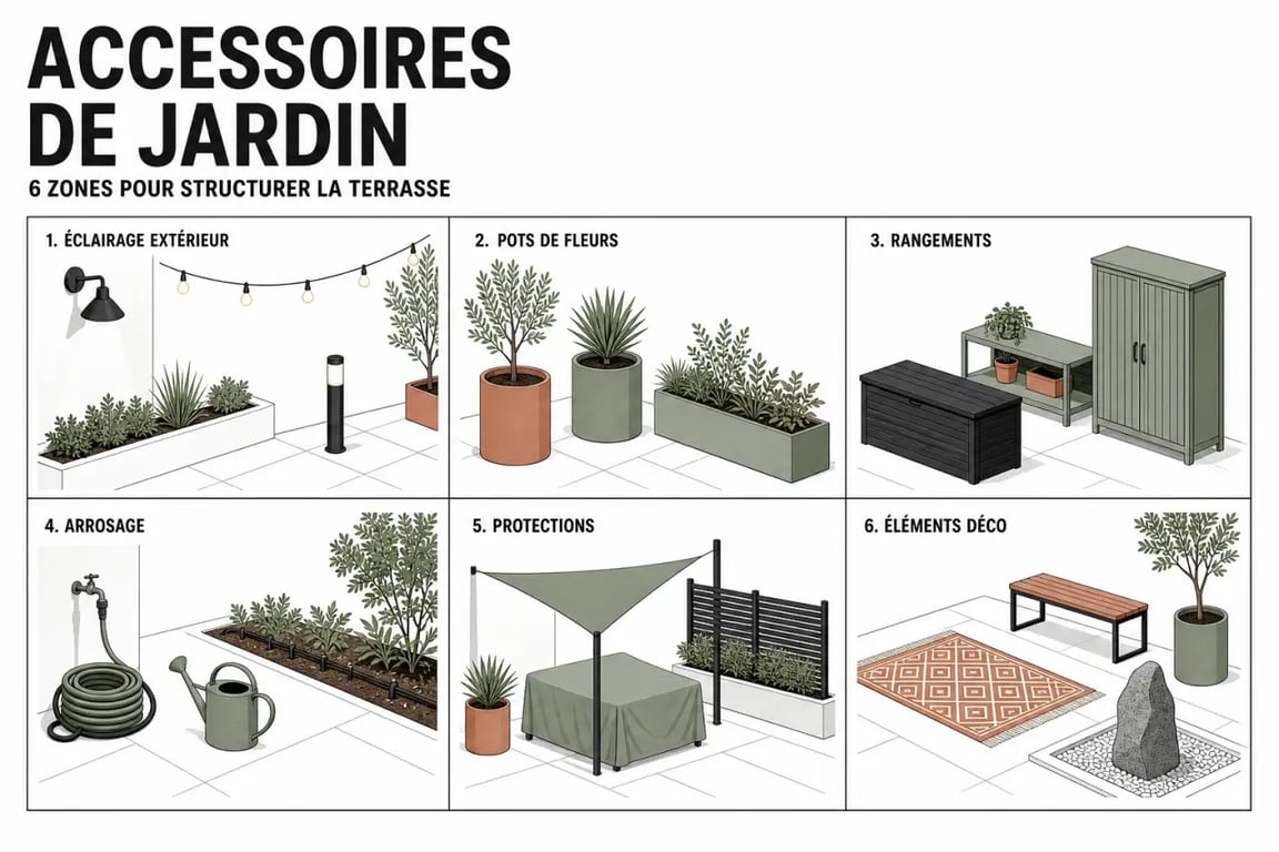 Accessoires jardin sur une terrasse aménagée avec éclairage, pots, rangement et déco extérieure